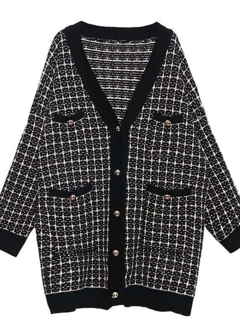 Vintage Plaid Sort Strik Cardigans Afslappet V-hals - Dame vinterfrakker