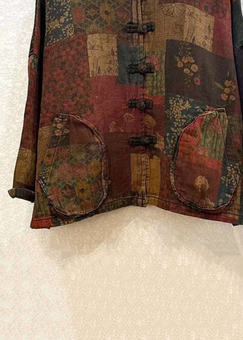 Vintage Print Knap Patchwork Bomuld Frakke Langærmet - Dame vinterfrakker