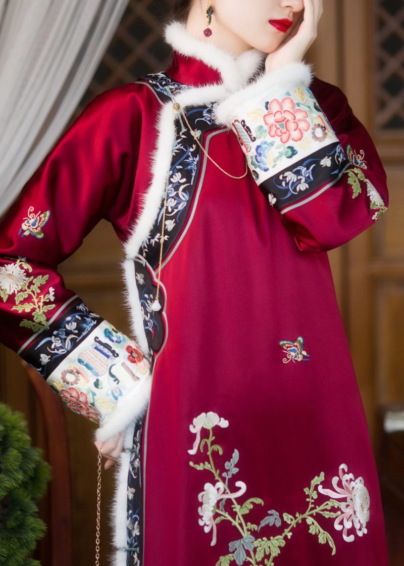 Vintage Rød Kunstpelskrave Broderet Knap Side Åben Tyk Silke Cheongsam Langærmet