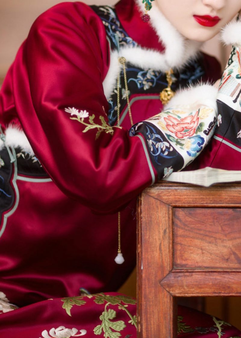 Vintage Rød Kunstpelskrave Broderet Knap Side Åben Tyk Silke Cheongsam Langærmet - Dame vinterfrakker