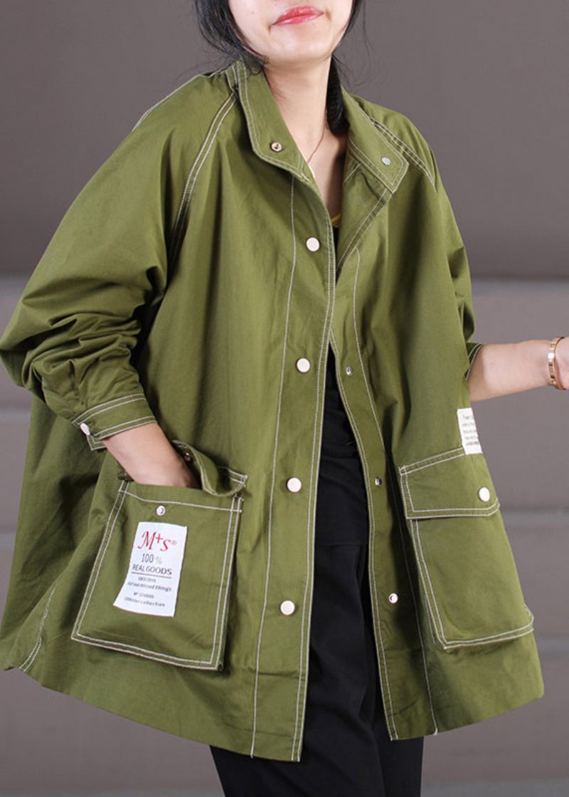 Vogue Army Green Peter Pan Krave Patchwork Button Coats Fall