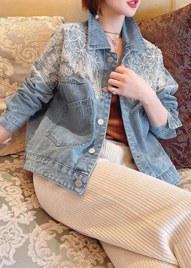 Vogue Blå Peter Pan Krave Tulle Patchwork Pailletter Knap Denim Frakker Efterår - Dame vinterfrakker