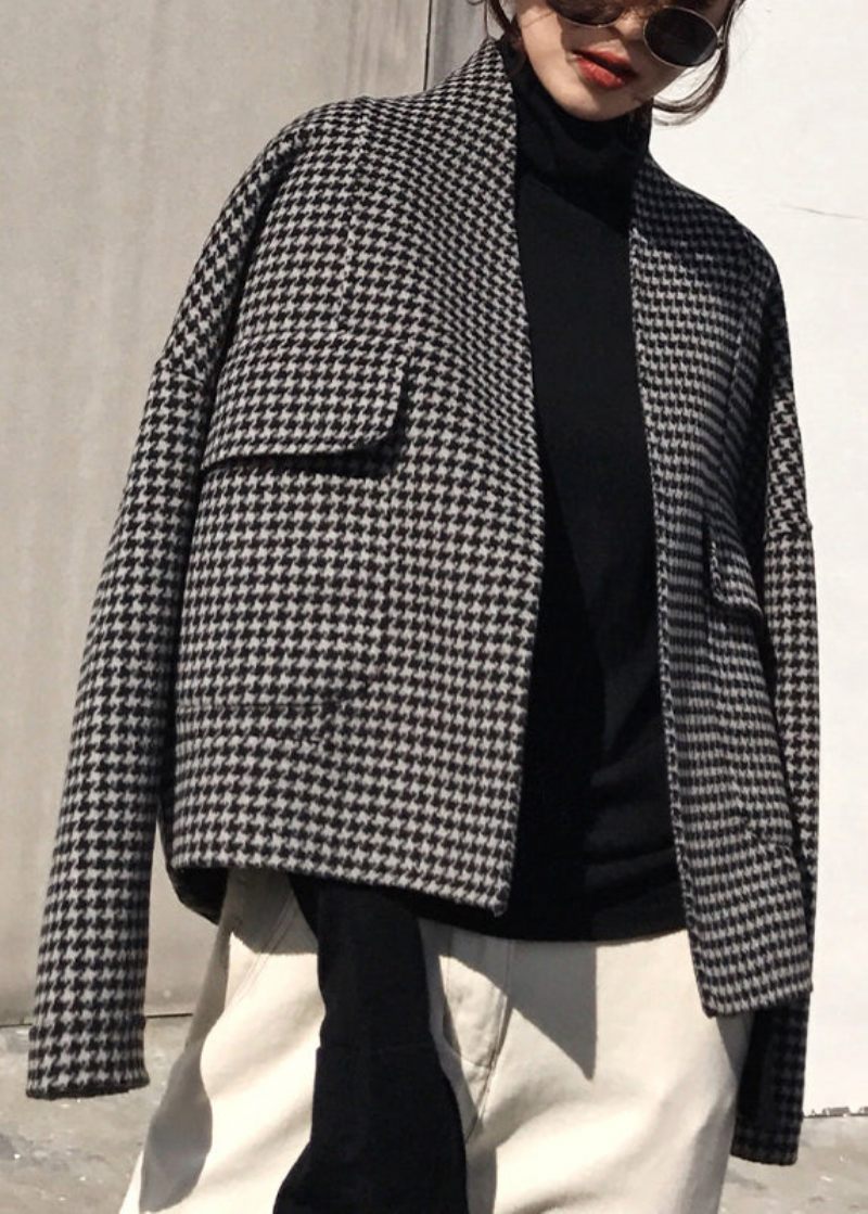 Vogue Black Notched Plaid Lommer Cashmere Coat Langærmet