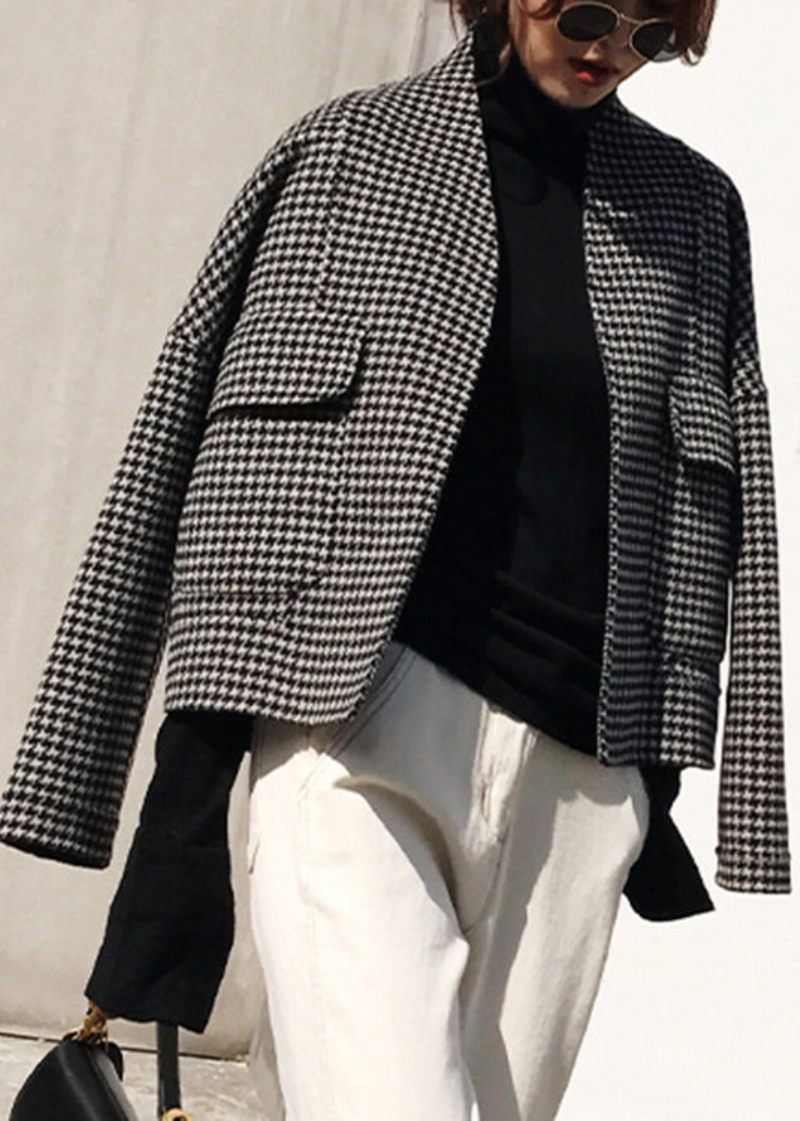 Vogue Black Notched Plaid Lommer Cashmere Coat Langærmet - Dame vinterfrakker