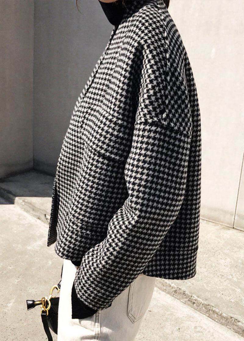 Vogue Black Notched Plaid Lommer Cashmere Coat Langærmet - Dame vinterfrakker