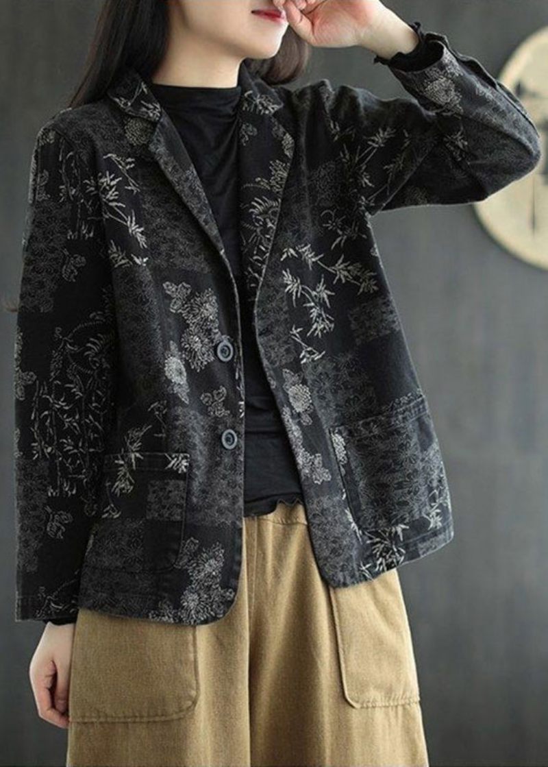 Vogue Black Notched Print Denim Coats Fall - Dame vinterfrakker