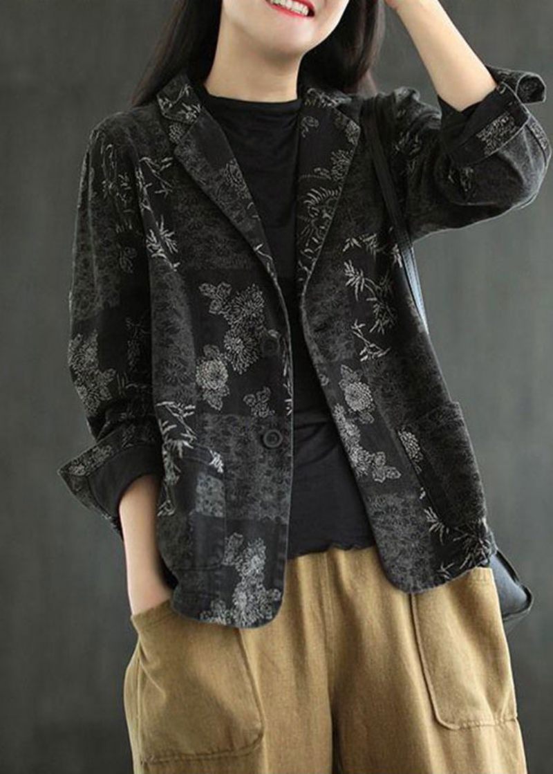 Vogue Black Notched Print Denim Coats Fall - Dame vinterfrakker