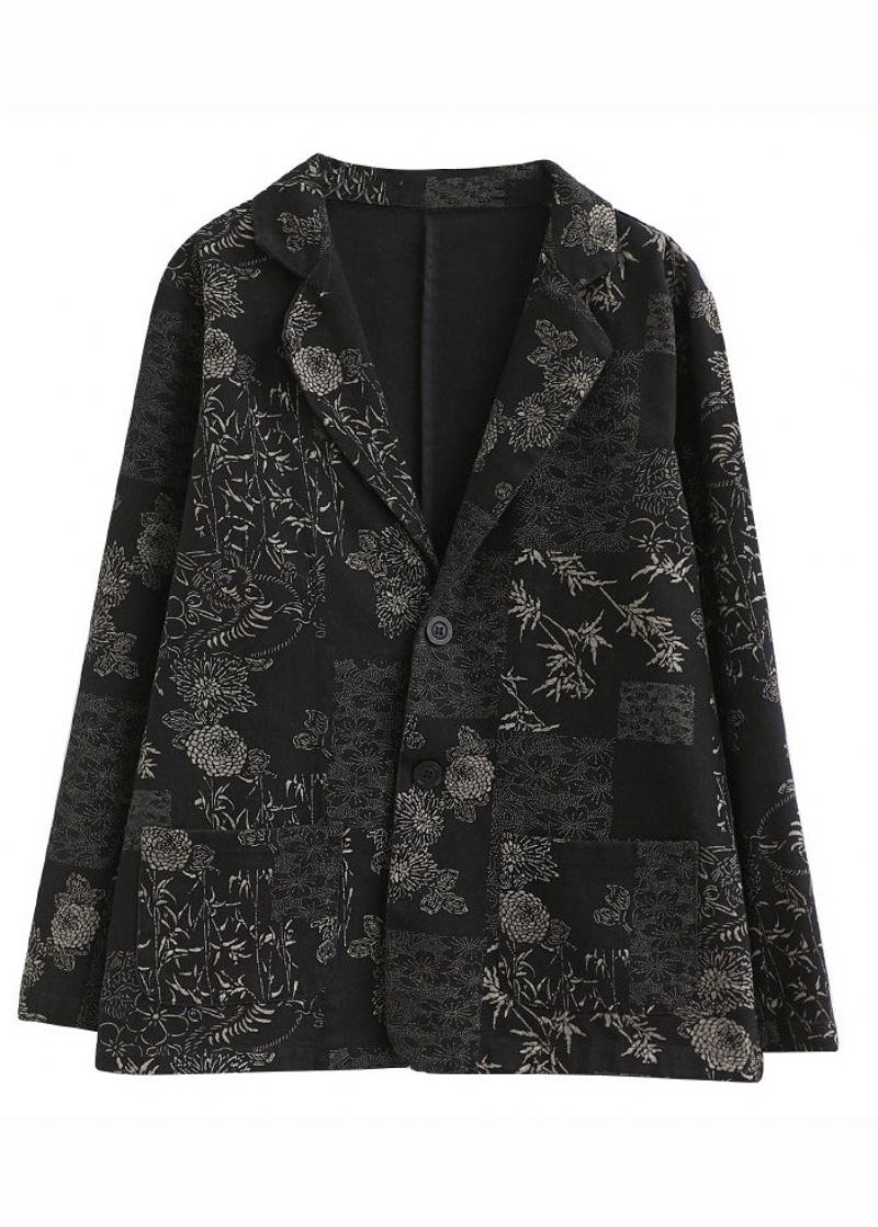 Vogue Black Notched Print Denim Coats Fall - Dame vinterfrakker