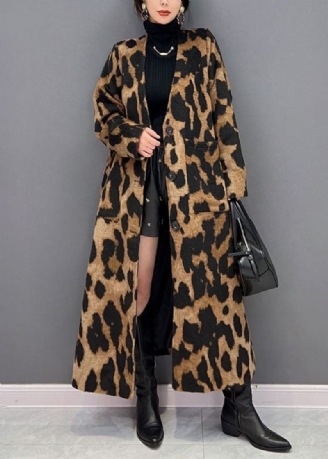 Vogue Chokolade V Neck Oversized Leopard Print Ma Hai Mao Lang Frakke Vinter