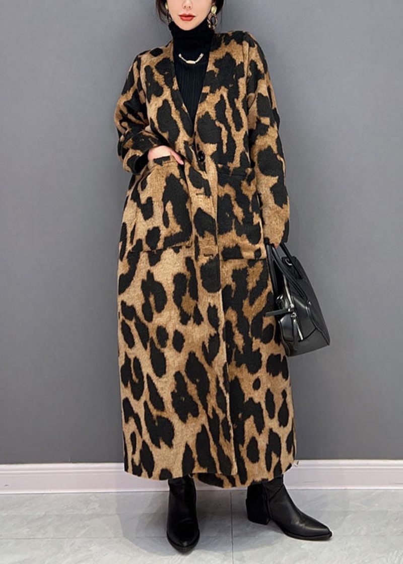 Vogue Chokolade V Neck Oversized Leopard Print Ma Hai Mao Lang Frakke Vinter - Dame vinterfrakker