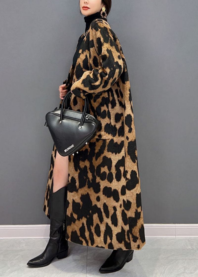 Vogue Chokolade V Neck Oversized Leopard Print Ma Hai Mao Lang Frakke Vinter - Dame vinterfrakker