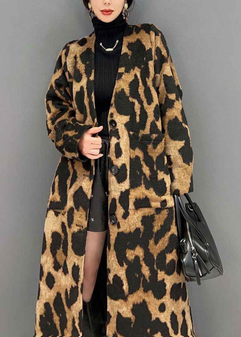 Vogue Chokolade V Neck Oversized Leopard Print Ma Hai Mao Lang Frakke Vinter - Dame vinterfrakker