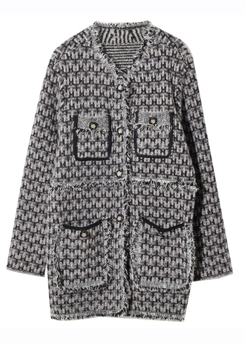 Vogue Sort V-halslommer Knap Plaid Strik Coat Fall - Dame vinterfrakker