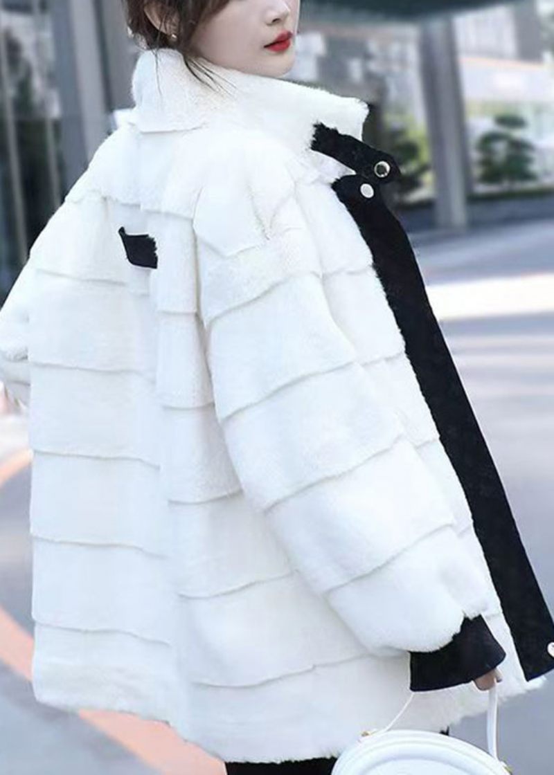 Vogue White Patchwork Mink Velvet Coat Langærmet - Hvid