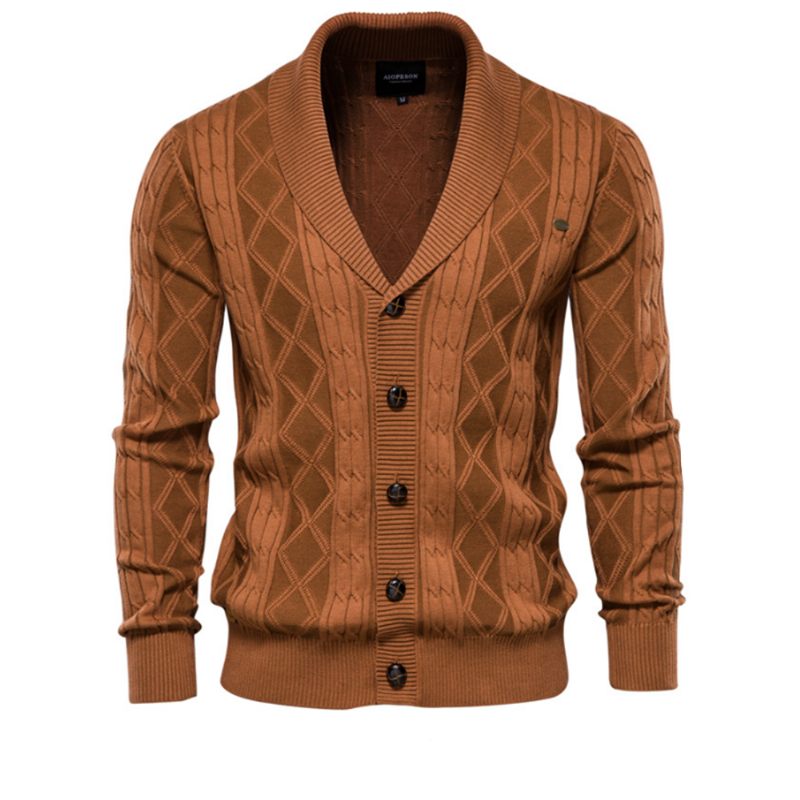 Bomuld Argyle Cardigan Mænd Casual Single Breasted Solid Business Cardigans Vinter Sweater Man - Sort