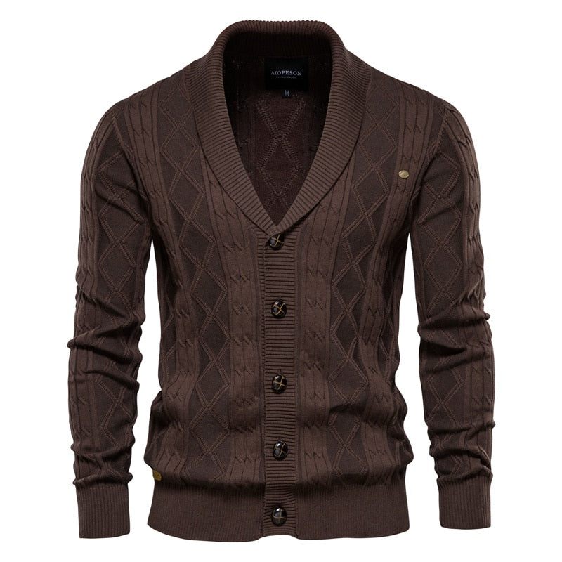 Bomuld Argyle Cardigan Mænd Casual Single Breasted Solid Business Cardigans Vinter Sweater Man - Sort