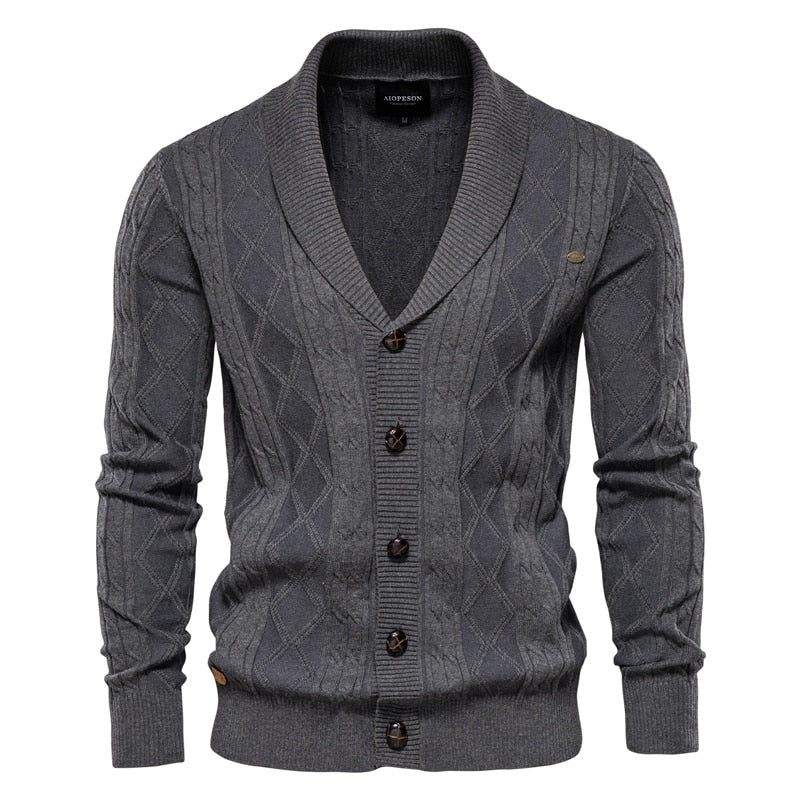 Bomuld Argyle Cardigan Mænd Casual Single Breasted Solid Business Cardigans Vinter Sweater Man - Sort