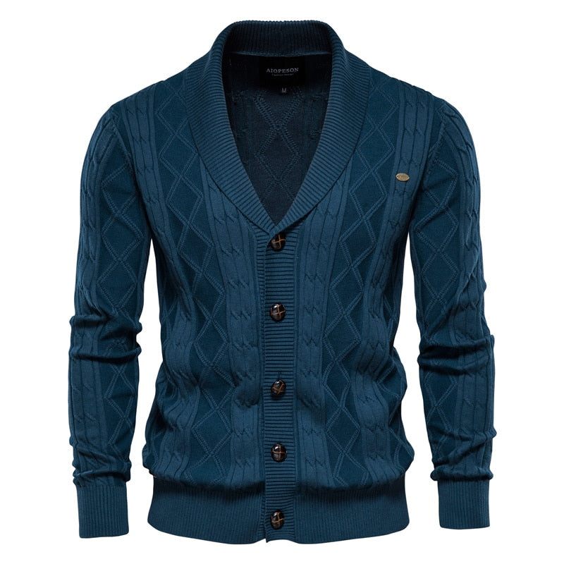 Bomuld Argyle Cardigan Mænd Casual Single Breasted Solid Business Cardigans Vinter Sweater Man - Sort