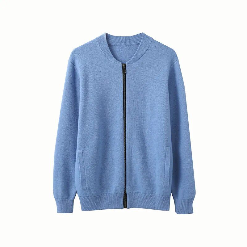 Cashmere Jakke Herre Lynlås Cardigan High-end Bundskjorte Ung Midaldrende Strik Frakke Efterår Tyk Sweater - Himmelblå