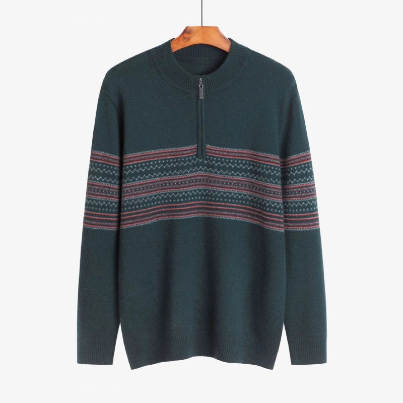 Cashmere Stribet Grå Sortlig Grøn Vinter Varm Blid Herre Sweater - Grøn