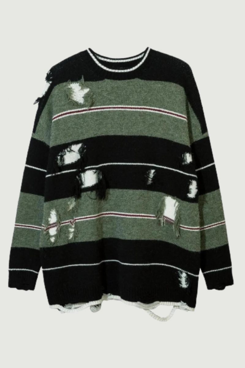 Efterår Streetwear Hollow Out Stripe Hole Strik Sweater Pullover Oversize Løst Top