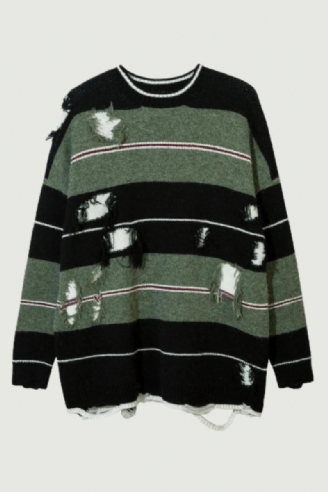 Efterår Streetwear Hollow Out Stripe Hole Strik Sweater Pullover Oversize Løst Top