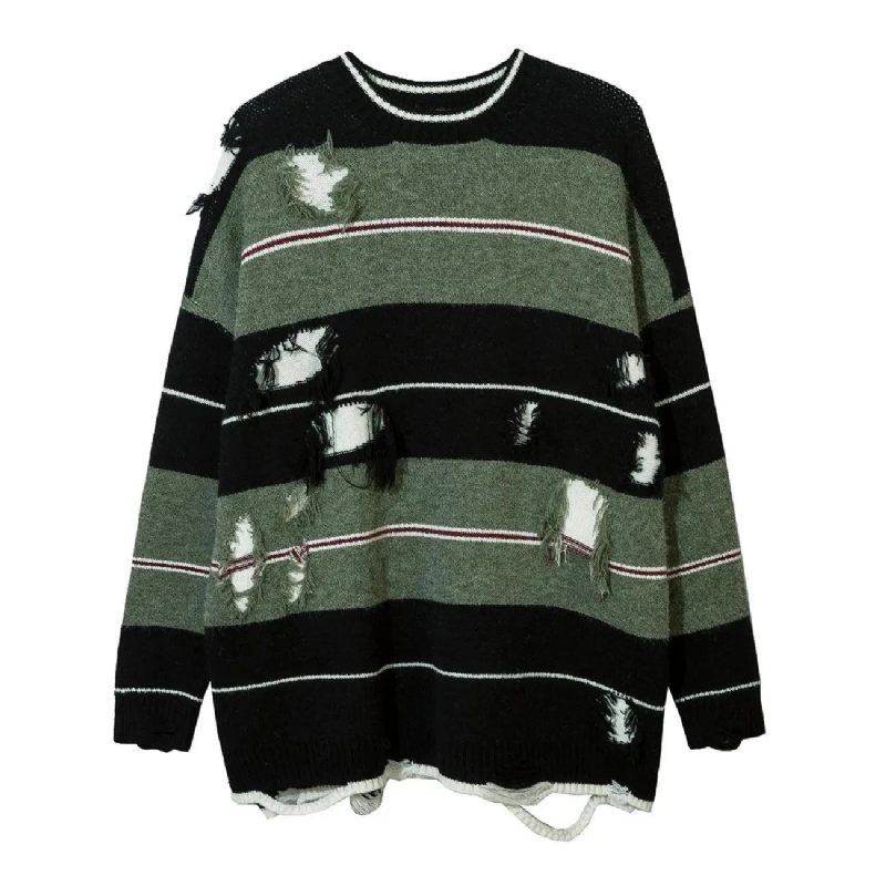 Efterår Streetwear Hollow Out Stripe Hole Strik Sweater Pullover Oversize Løst Top - Matchagreen