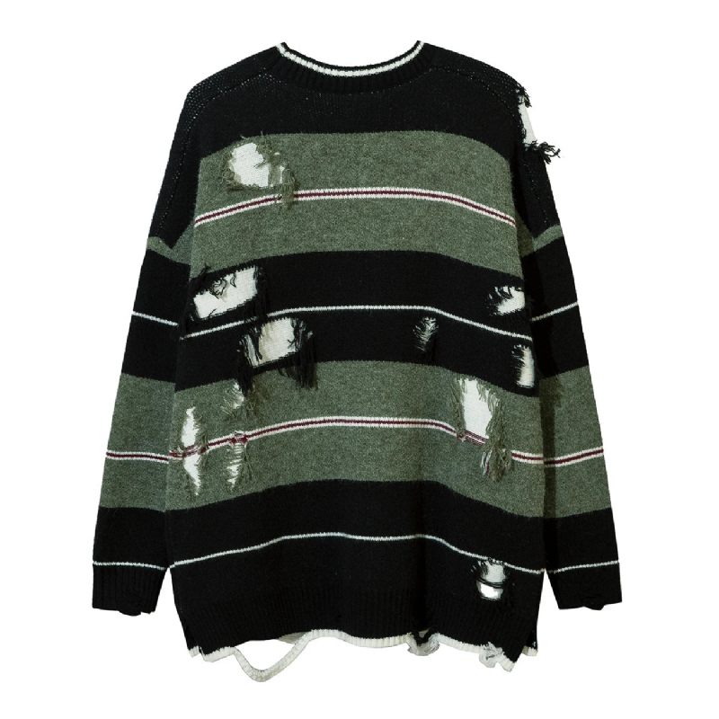 Efterår Streetwear Hollow Out Stripe Hole Strik Sweater Pullover Oversize Løst Top - Matchagreen