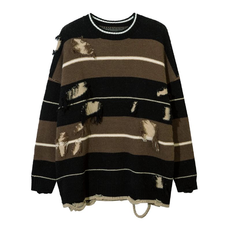 Efterår Streetwear Hollow Out Stripe Hole Strik Sweater Pullover Oversize Løst Top - Matchagreen