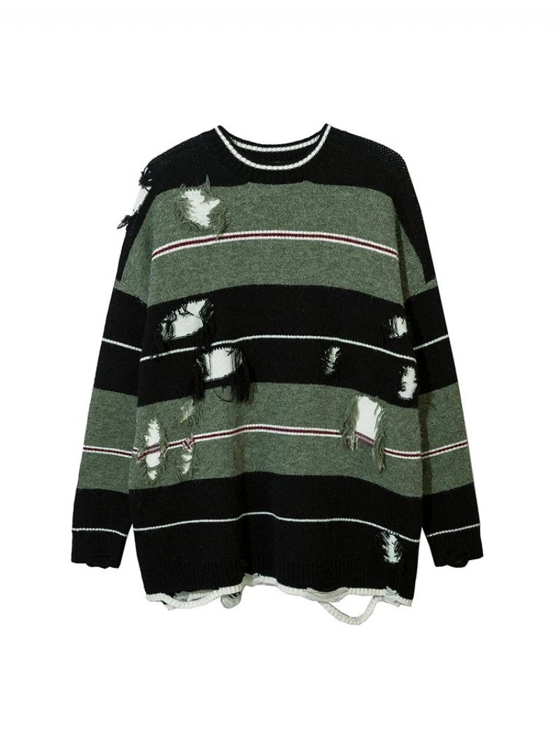 Efterår Streetwear Hollow Out Stripe Hole Strik Sweater Pullover Oversize Løst Top - Matchagreen