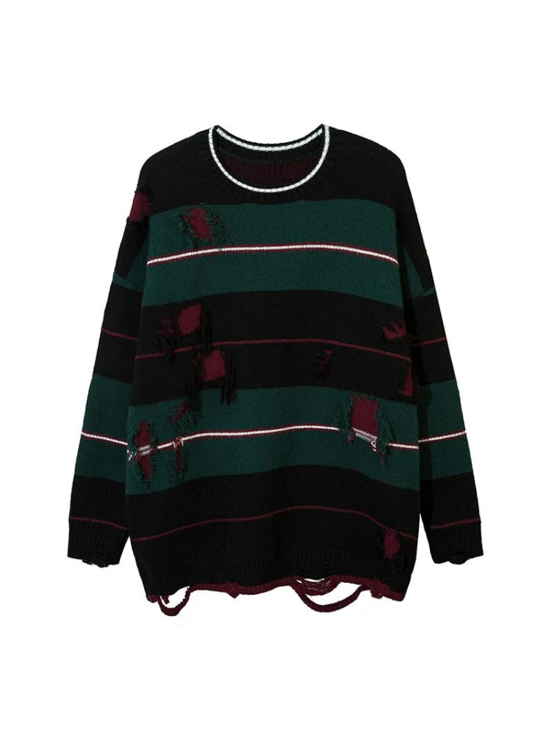 Efterår Streetwear Hollow Out Stripe Hole Strik Sweater Pullover Oversize Løst Top - Matchagreen