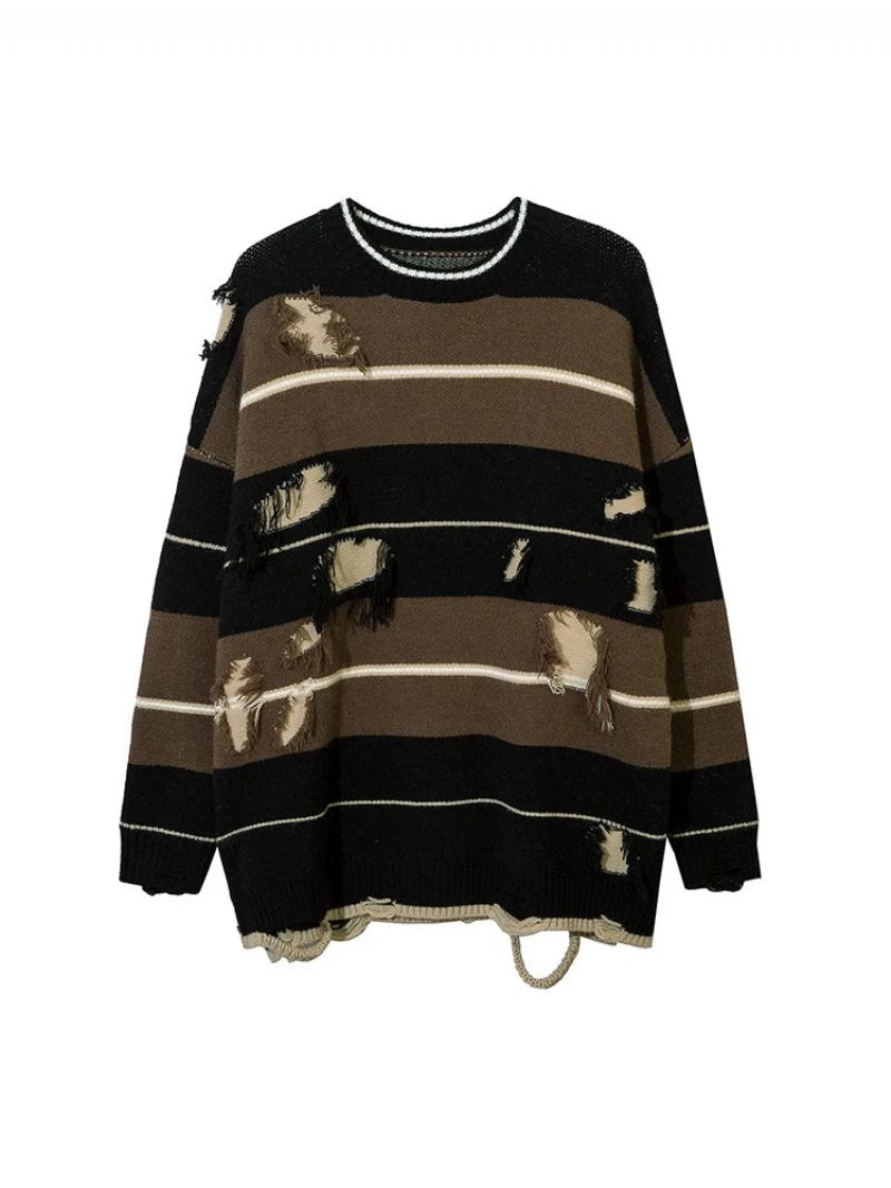 Efterår Streetwear Hollow Out Stripe Hole Strik Sweater Pullover Oversize Løst Top - Matchagreen