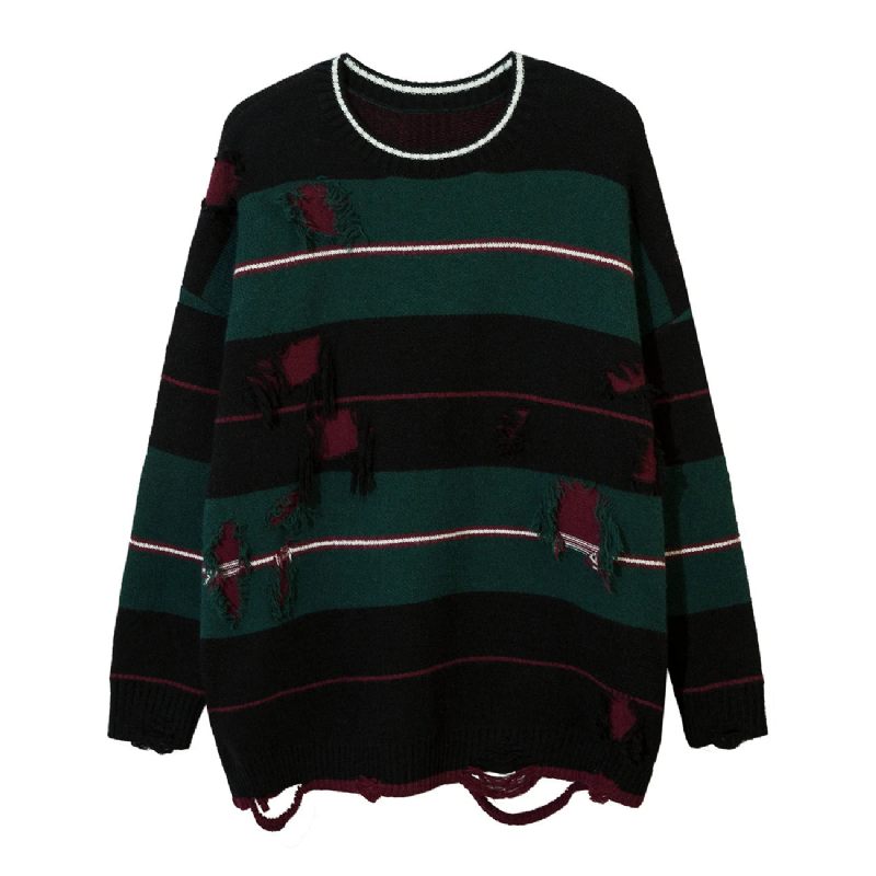 Efterår Streetwear Hollow Out Stripe Hole Strik Sweater Pullover Oversize Løst Top - Matchagreen