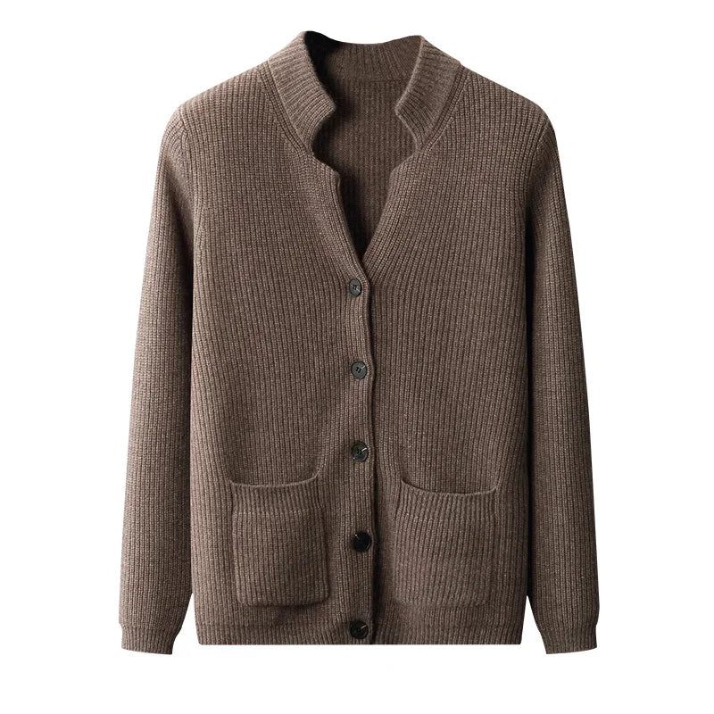 Efterår Vinter Herre Cardigan Sweater Cashmere Fortykket Pocket Coat Solid - Brun