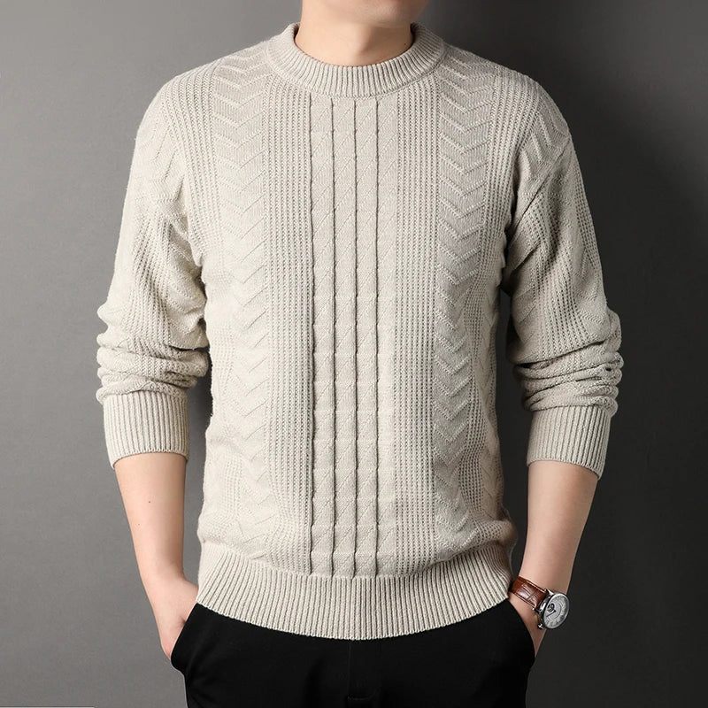 Efterår Vinter Strikket Herre Casual Sweater Rundhalsede Twists Vævning Pullover Mænd Varm - Hvid