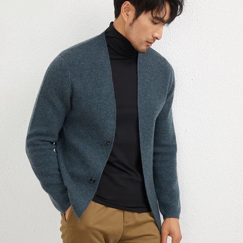 Efterårs Cashmere Frakke Herre Cardigan Sweater Ungdomsstrikket Tyk Jakke High-end Bundskjorte - Sort