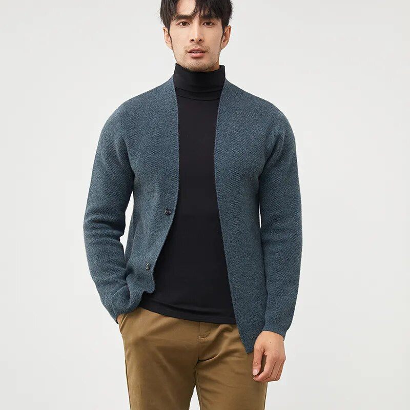 Efterårs Cashmere Frakke Herre Cardigan Sweater Ungdomsstrikket Tyk Jakke High-end Bundskjorte - Sort