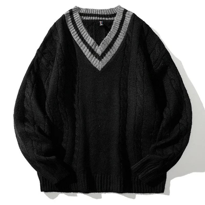 Forårs Sweater Til Mænd Med V-hals Løs Afslappet Akademistil Langærmet Komfortabel Top Til - Sort