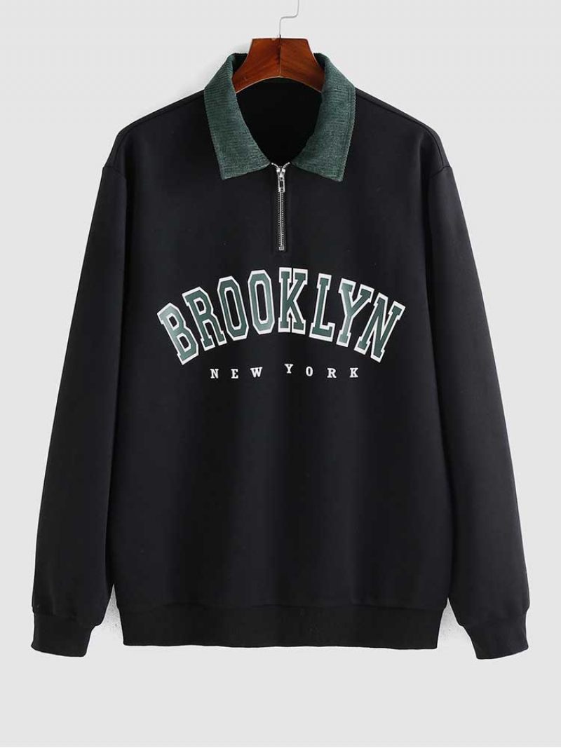 Hættetrøjer Til Mænd Bogstavtryk Halv Lynlås Fløjlsweatshirt Casual Turn-down Krave Pullover Efterår Vinter Sweats Hættetrøje - Sort