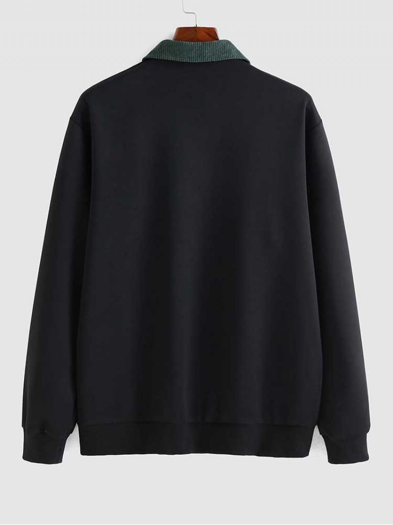 Hættetrøjer Til Mænd Bogstavtryk Halv Lynlås Fløjlsweatshirt Casual Turn-down Krave Pullover Efterår Vinter Sweats Hættetrøje - Sort