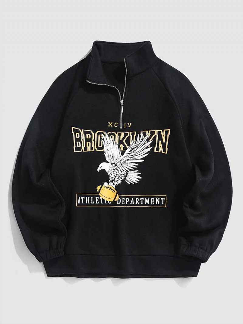 Hættetrøjer Til Mænd Fleecefor Brooklyn Eagle Grafisk Sweatshirt Unisex Rullekrave Hættetrøje Lynlås Streetwear Pullover Sweats - Sort