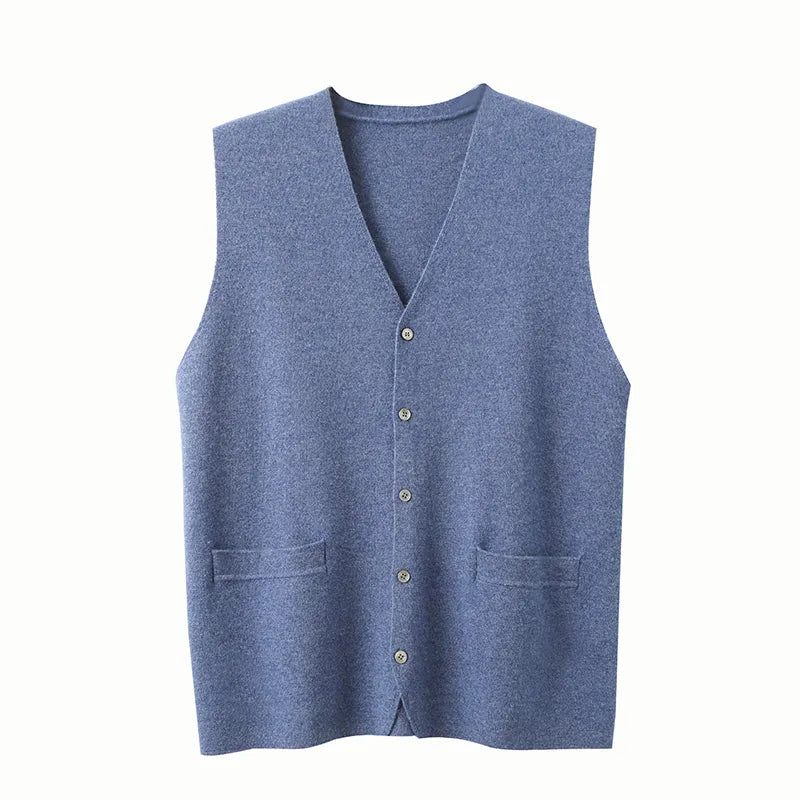 Herre Pure Cashmere Cardigan Vest Efterår Vinter V-hals Ung Strik Top High-end Jakke Afslappet Ærmeløs Sweater - Blå