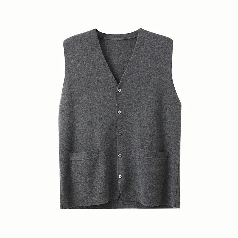 Herre Pure Cashmere Cardigan Vest Efterår Vinter V-hals Ung Strik Top High-end Jakke Afslappet Ærmeløs Sweater - Blå