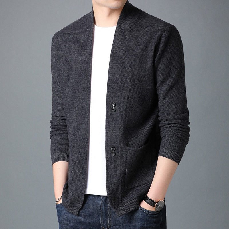 Herre Sweater Cardigan Business Gentleman Casual Solide Lommer Komfortabel Pasform Strikkejakker Mandlige Frakke Tøj - Sort