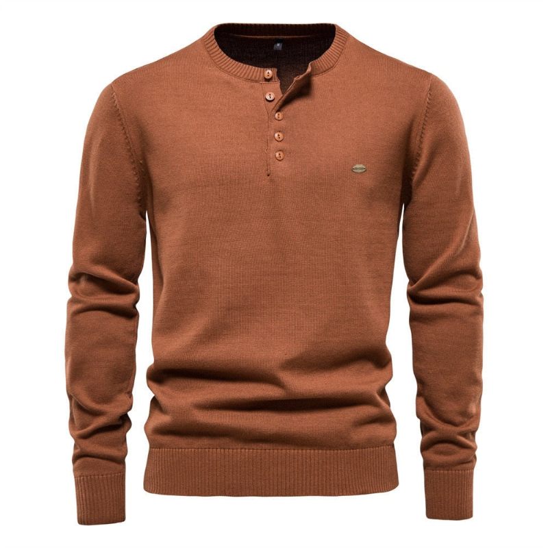 Herre Sweater Med Ensfarvet Henry-krave Bomuld Casual Komfortabel Striktrøje Efterårs- Og Vintertrøje - Sort