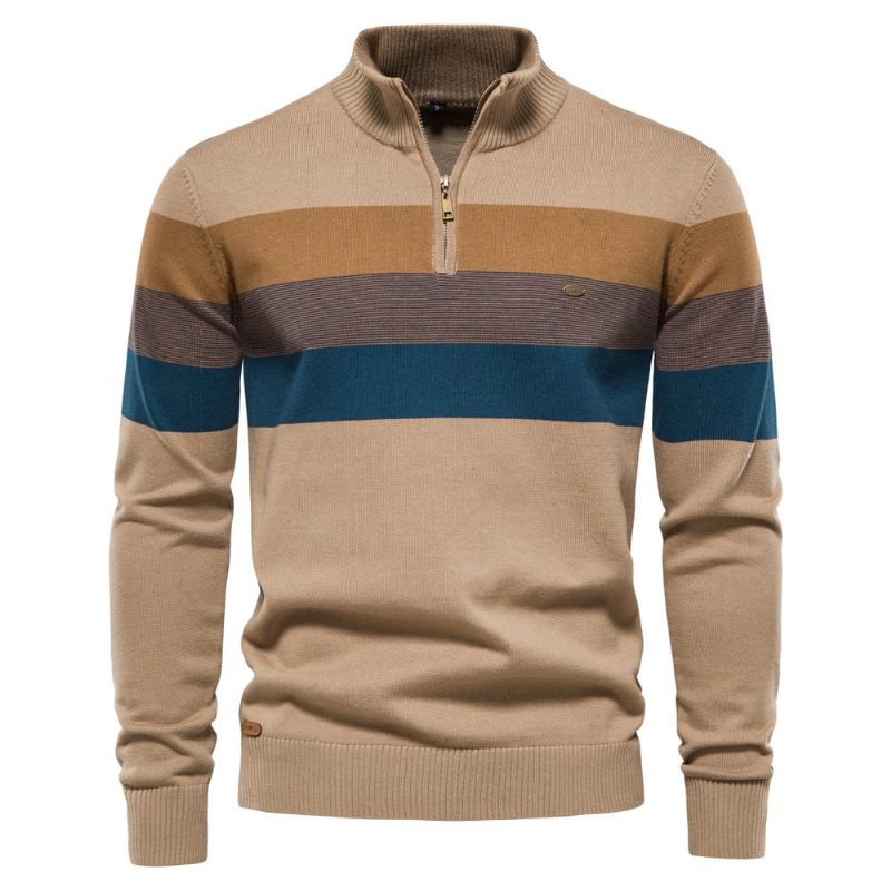 Mænd Stripe Sweaters Stand Krave Pullover Herre Sweater Strik Jumpers Efterår Varme Langærmede Overdele Tøj - Khaki