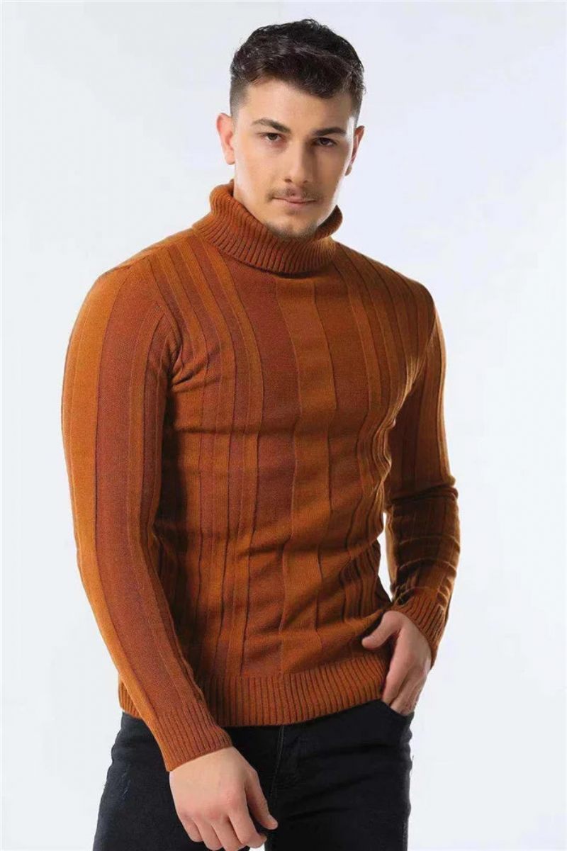 Pullovere Rullekrave Mænd Casual Basic Solid Varm Stribet Sweater Vinter Sweatere Mandlige - Brun