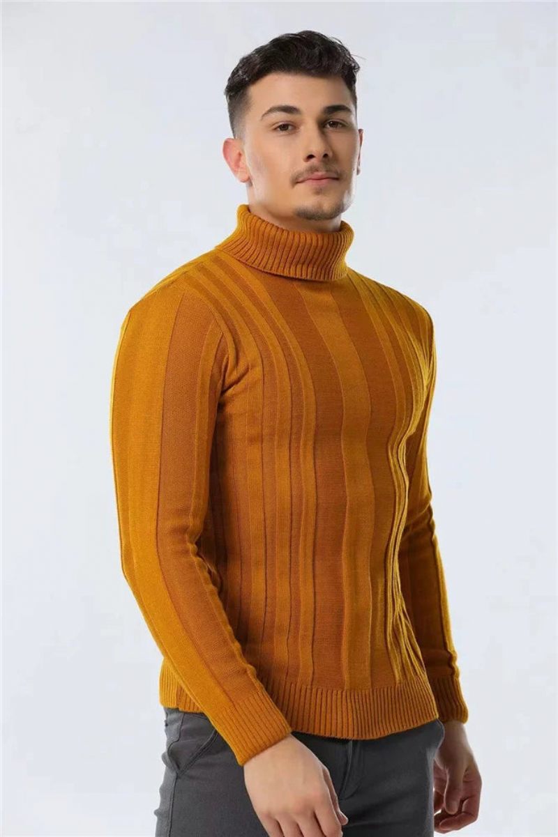 Pullovere Rullekrave Mænd Casual Basic Solid Varm Stribet Sweater Vinter Sweatere Mandlige - Brun