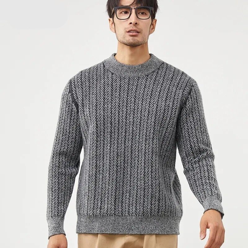 Pure Cashmere Sweater Herre Pullovere Med O-hals High-end Strik Tyk Jakke Youth Warm Shirt - Blå Og Hvid