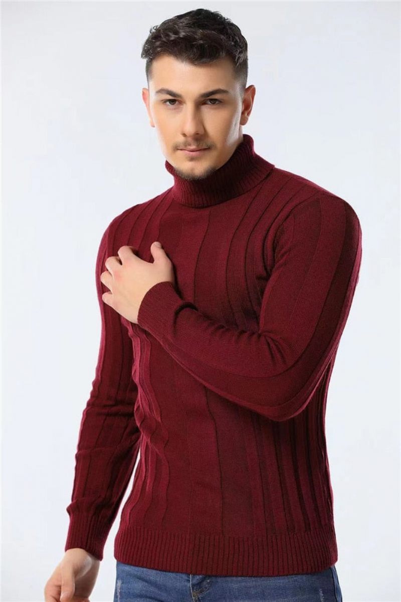 Slim Fit Pullovere Rullekrave Mænd Casual Basic Ensfarve Varmstribet Sweater Herre Nye Vintertrøjer Til - Brun